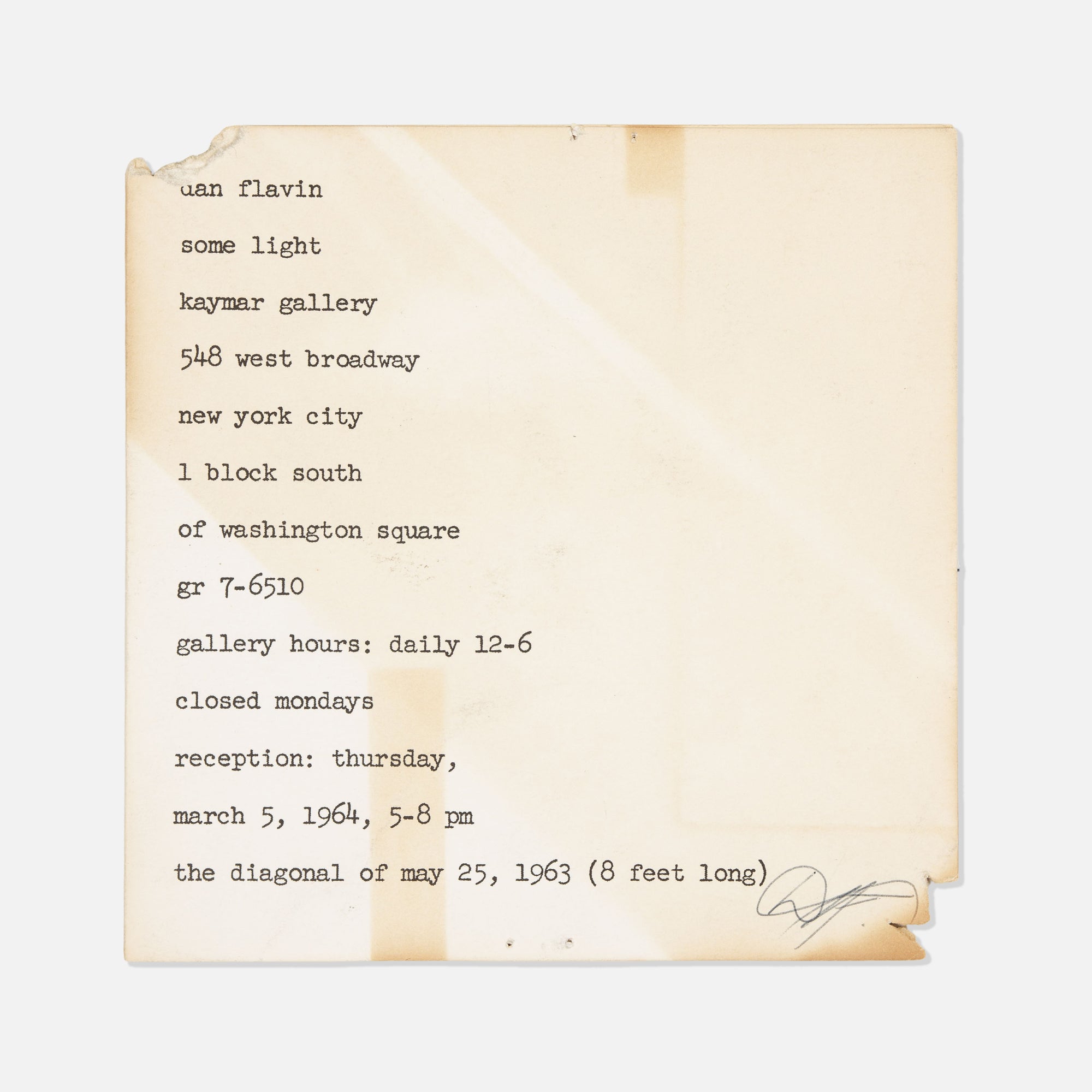 Dan Flavin, Kaymar Gallery, Signed Invitation to Some Light