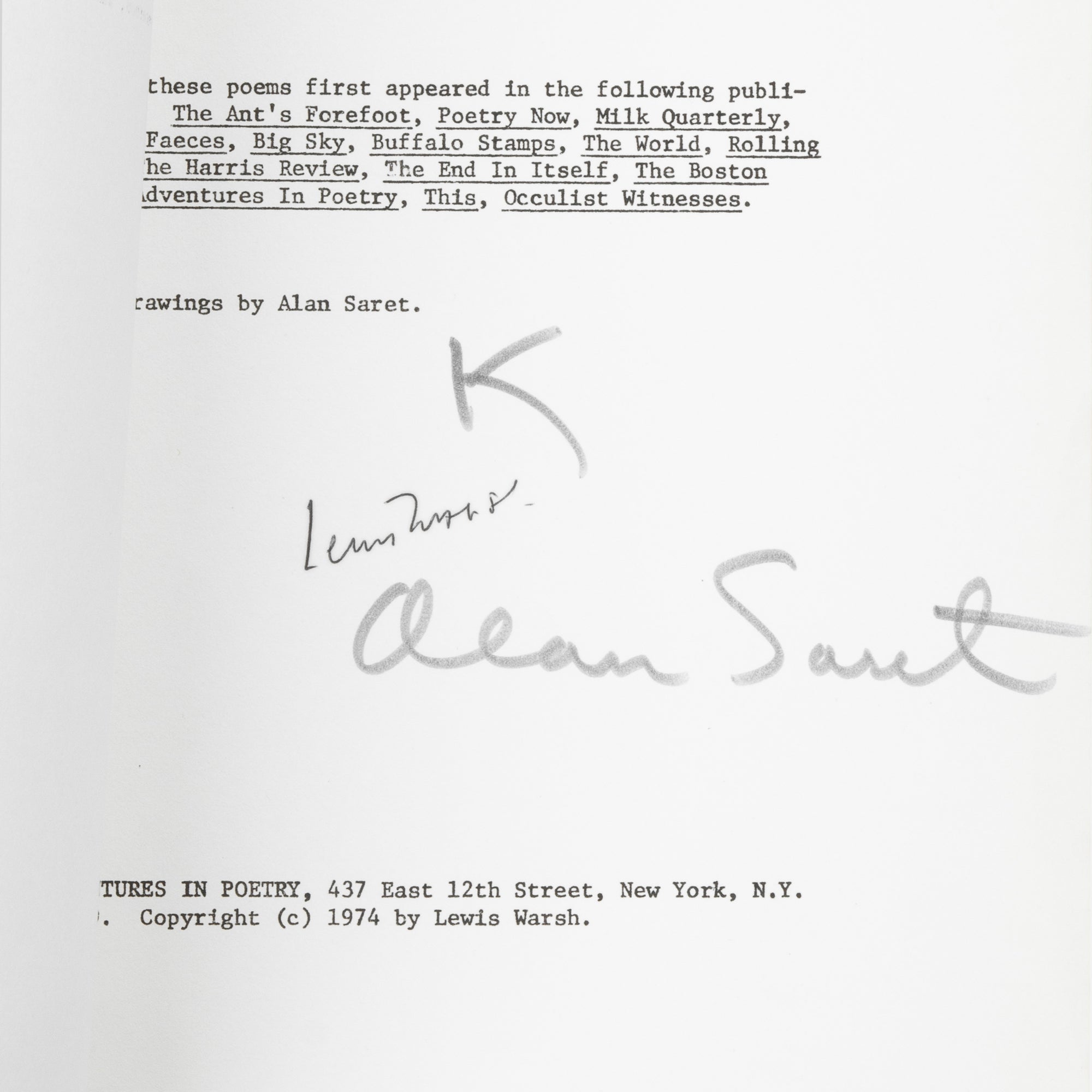 Lewis Warsh, Alan Saret, Today, Signed