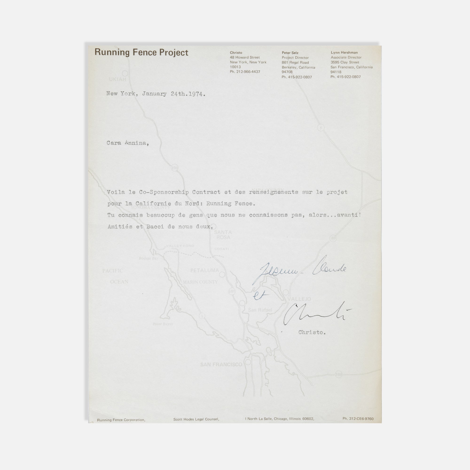 Christo and Jeanne-Claude, Letter to Annina Nosei, Signed