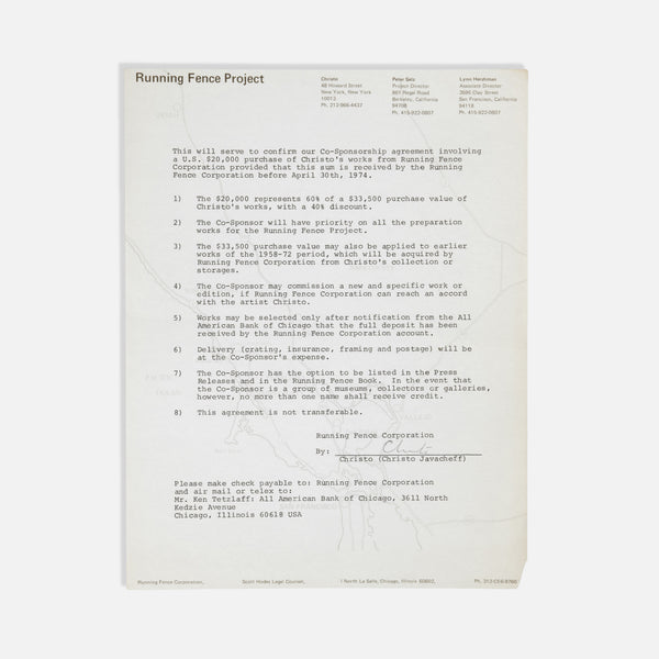 Christo and Jeanne-Claude, Letter to Annina Nosei, Signed