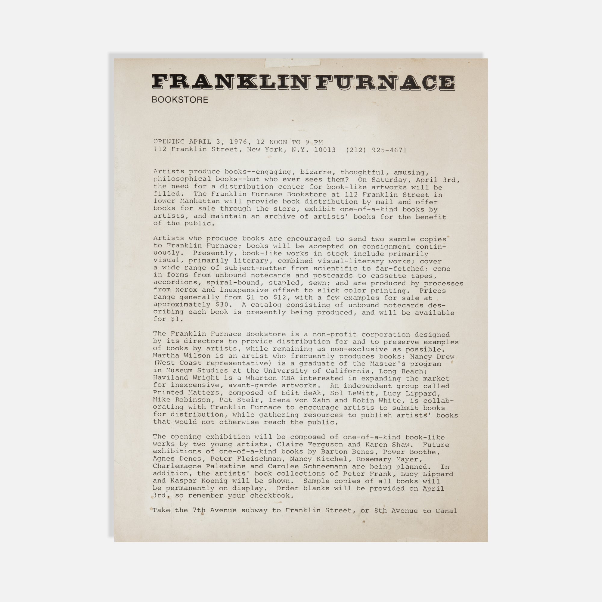 Franklin Furnace Bookstore, First Press Release